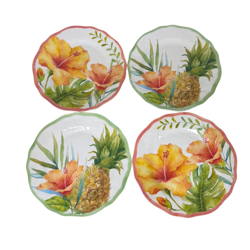 Cynthia Coulter Tropical Melamine Salad Plate Set 4 Hibiscus Pineapple approx 9"